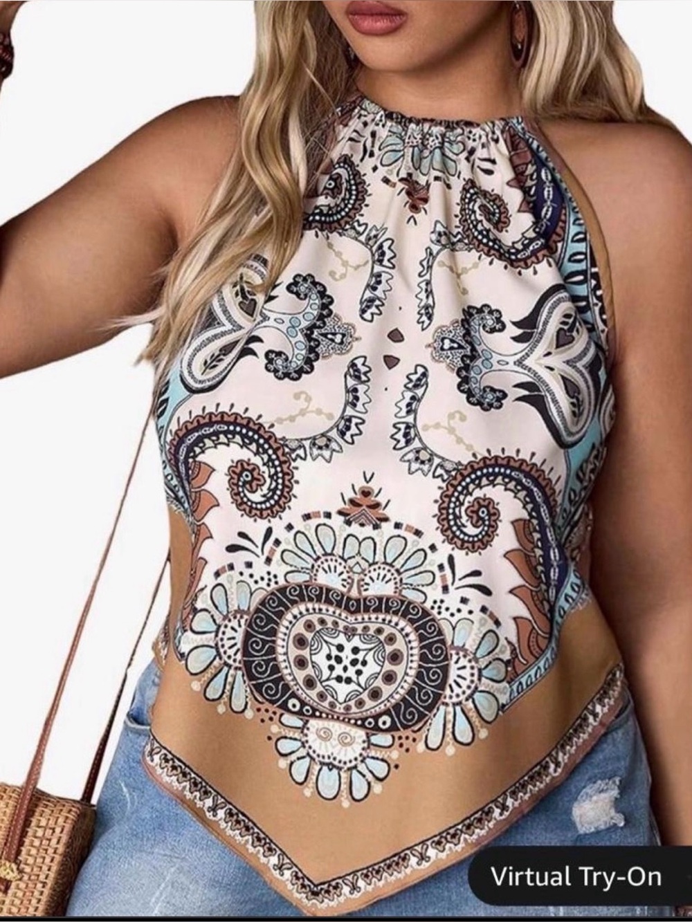Plus Size Paisley Halter Tank Top in Cream/Tan/Blue